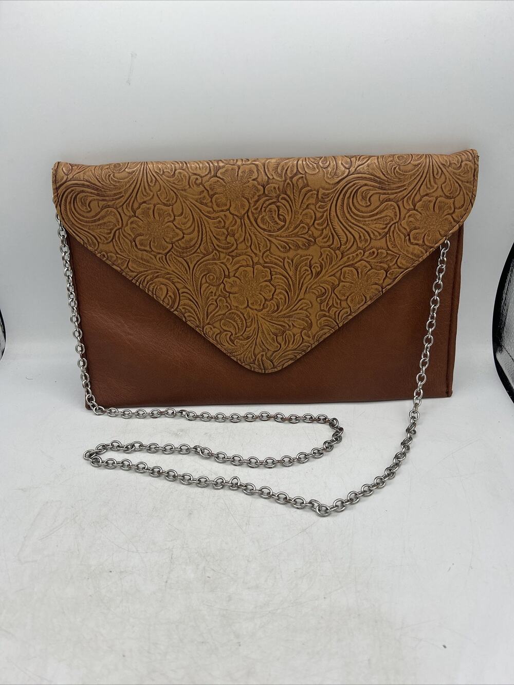 Brown Leather Cato Envelope Clutch W Silver Chain Strap Classy Sexy Stylish